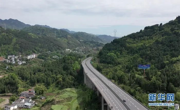 4月8日，G42沪蓉高速两侧绿树成荫，勾画出一幅山清水秀气象新的生态图景。新华网 向进 摄