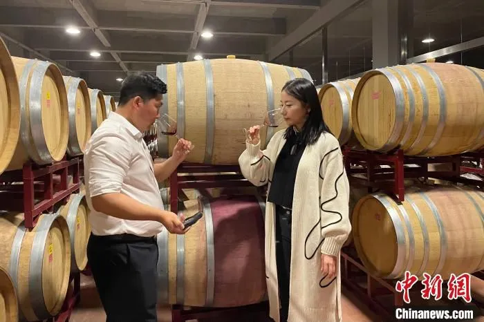 “醉鹅娘”(右)在酒庄现场品鉴宁夏葡萄酒。　李佩珊 摄