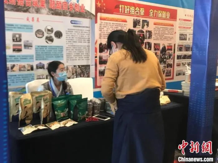 阿坝州各县(市)通过“展板+展位+实物”的形式进行本地农民工返乡创业政策项目推介展示。　冉文娟 摄