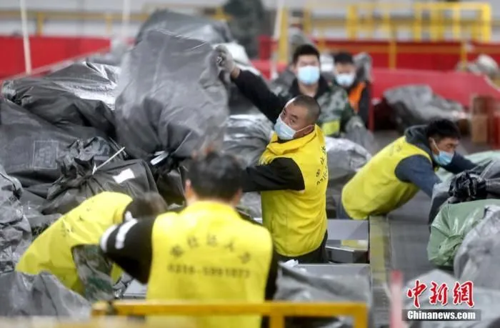 2020年11月11日，位于北京顺义的顺丰速运华北分拨中心员工分拣快递。 中新社记者 张宇 摄