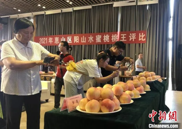 众人围观拍摄获奖的水蜜桃样品。　孙权 摄