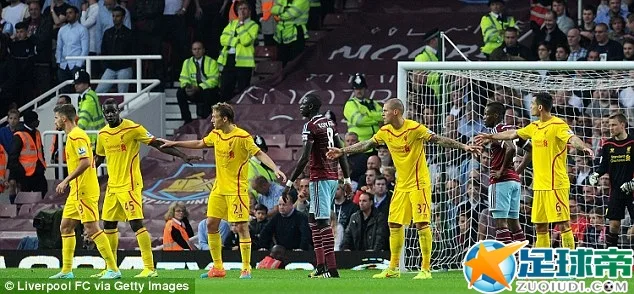 Liverpool's defence try to organise themselves as West Ham line up a set-piece