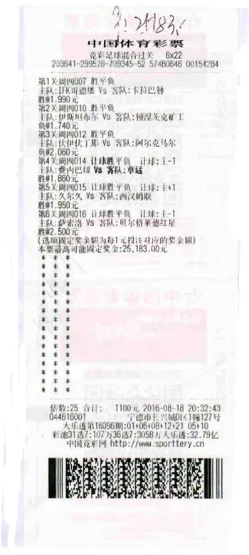 经常倍投 福建彩民25倍独中竞彩6串22奖金2.5万
