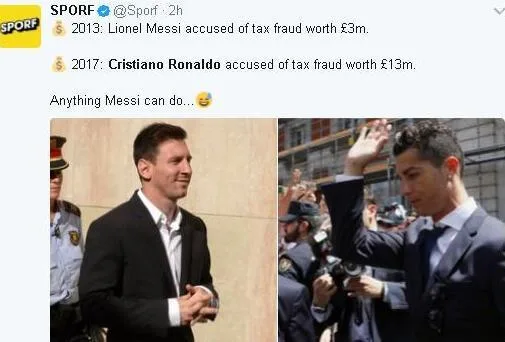 热议C罗涉嫌逃税：C罗和梅西什么都要争第一