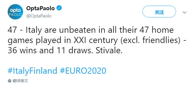 opta:本场比赛前,意大利主场47场不败