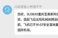 川航3U3839出现机械故障返航 盘旋数小时后安全降落