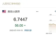 7月18日人民币对美元汇率中间价6.7447元，调升56个基点