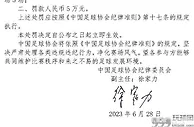 中国足协连开5张罚单！多名球队官员、队员被罚