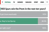 热刺10年内夺英超?太阳报投票:82%球迷选“没机会,他们太热刺了”